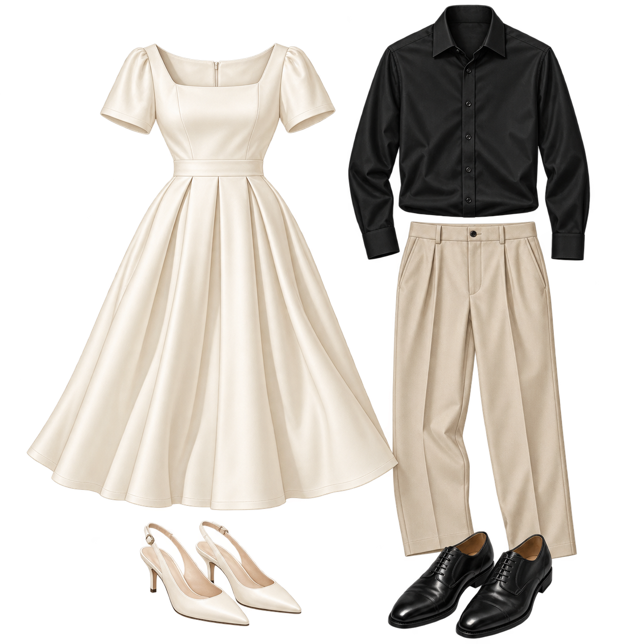 Clothing-only fashion illustration: ivory Sunday dress and heels, black formal shirt, beige tailored trousers and black dress shoes